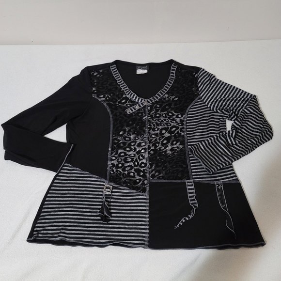 modes Crystal fashions patchwork leopard stripe black grey top - Picture 6 of 10